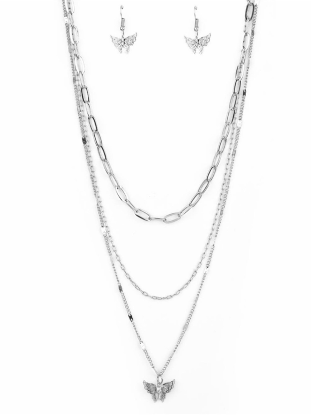 Layered Silver Butterfly Necklace Set
